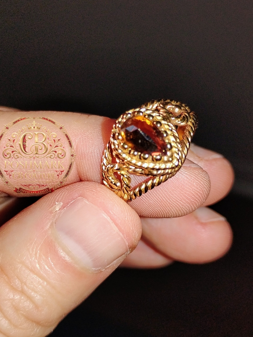Like New! Handcrafted Gold-Tone Ring with Amber Red Stone Size Aprox 6-7